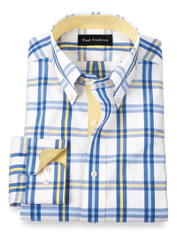 Non-Iron Cotton Windowpane Dress Shirt With Contrast Trim - Blue/yellow