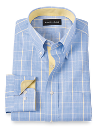 Non-Iron Cotton Glen Plaid Dress Shirt With Contrast Trim - Blue