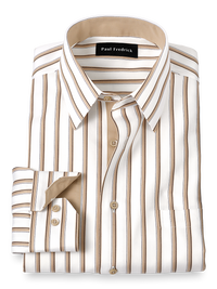 Non-Iron Cotton Stripe Dress Shirt With Contrast Trim - Tan