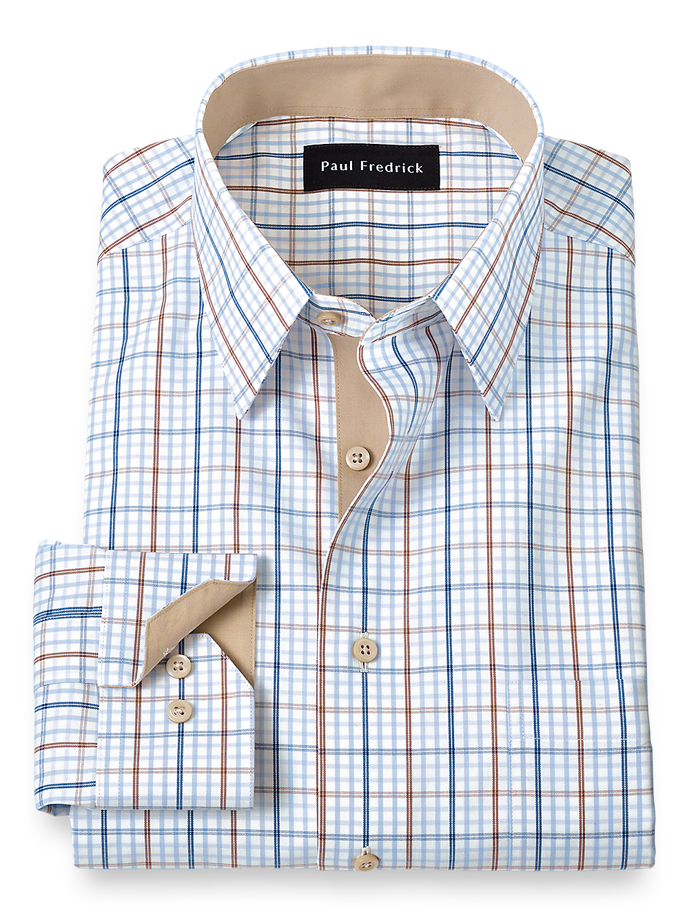 Product Image of Non-iron Cotton Tattersall Dress Shirt With Contrast Trim-Blue/Brown