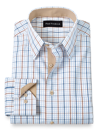 Non-Iron Cotton Tattersall Dress Shirt With Contrast Trim - Blue/brown