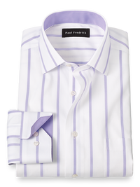 Non-Iron Cotton Stripe Dress Shirt With Contrast Trim - Purple