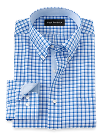 Non-Iron Cotton Gingham Dress Shirt With Contrast Trim - Blue