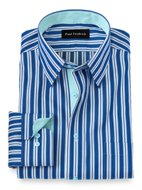 Non-Iron Cotton Stripe Dress Shirt With Contrast Trim - Blue/seafoam