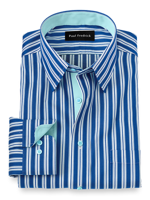 Non-Iron Cotton Stripe Dress Shirt With Contrast Trim - Blue/seafoam