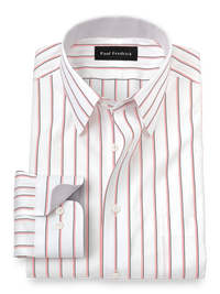 Non-Iron Cotton Stripe Dress Shirt With Contrast Trim - Coral/black