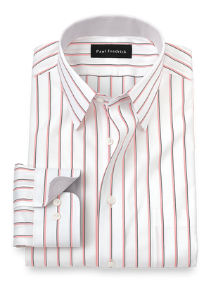 Non-Iron Cotton Stripe Dress Shirt With Contrast Trim - Coral/black