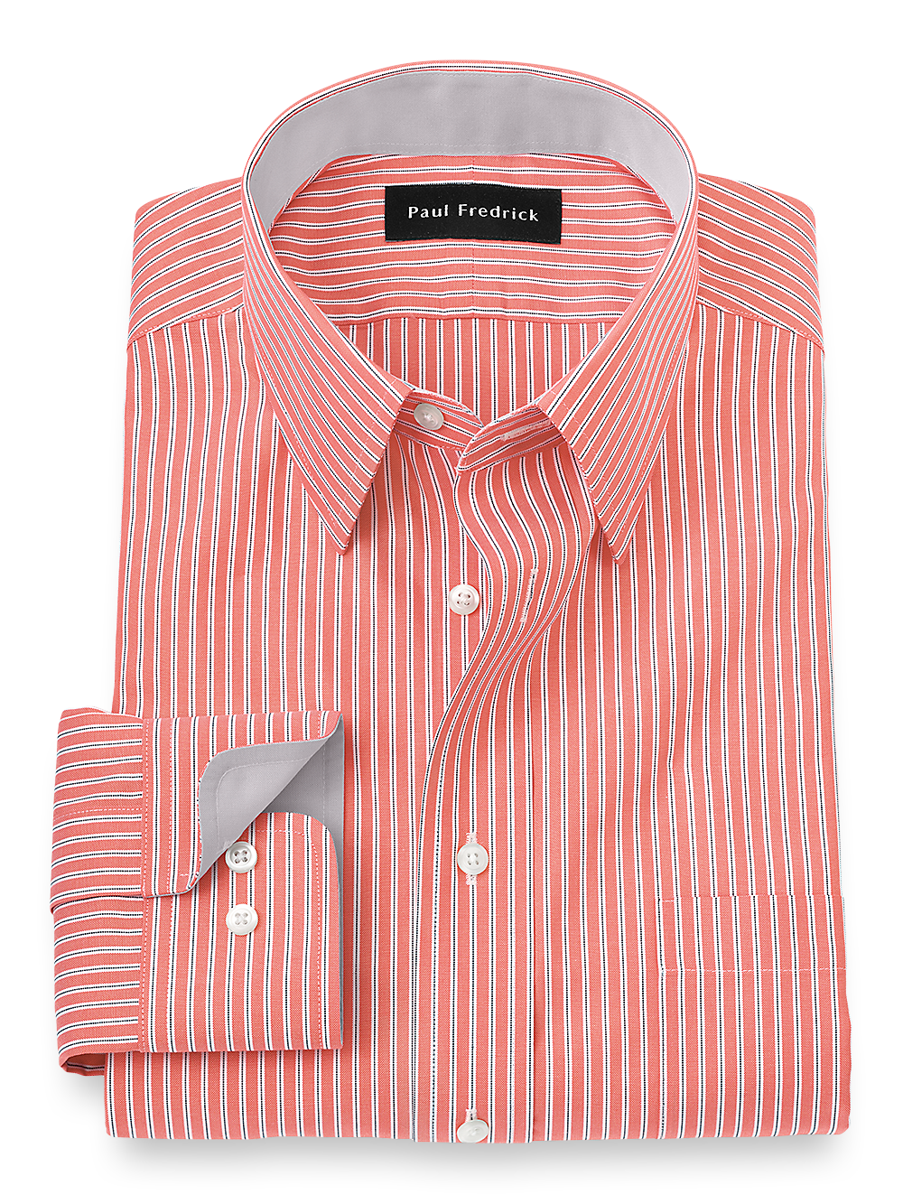 Product Image of Non-iron Cotton Stripe Dress Shirt With Contrast Trim-Coral