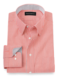 Non-Iron Cotton Stripe Dress Shirt With Contrast Trim - Coral