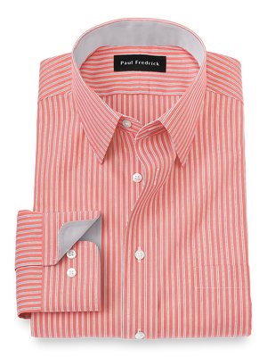 Non-Iron Cotton Stripe Dress Shirt With Contrast Trim - Coral