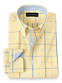 Non-Iron Cotton Windowpane Dress Shirt With Contrast Trim - Yellow/cobalt