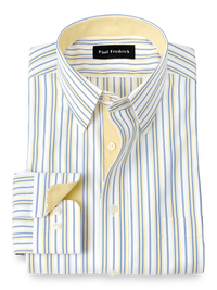 Non-Iron Cotton Stripe Dress Shirt With Contrast Trim - Blue/yellow