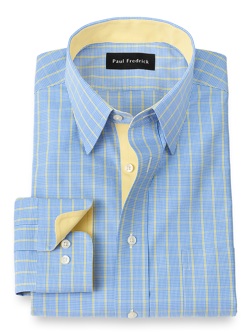 Product Image of Non-iron Cotton Tattersall Dress Shirt With Contrast Trim-Blue/Yellow