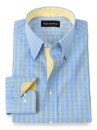 Non-Iron Cotton Tattersall Dress Shirt With Contrast Trim - Blue/yellow