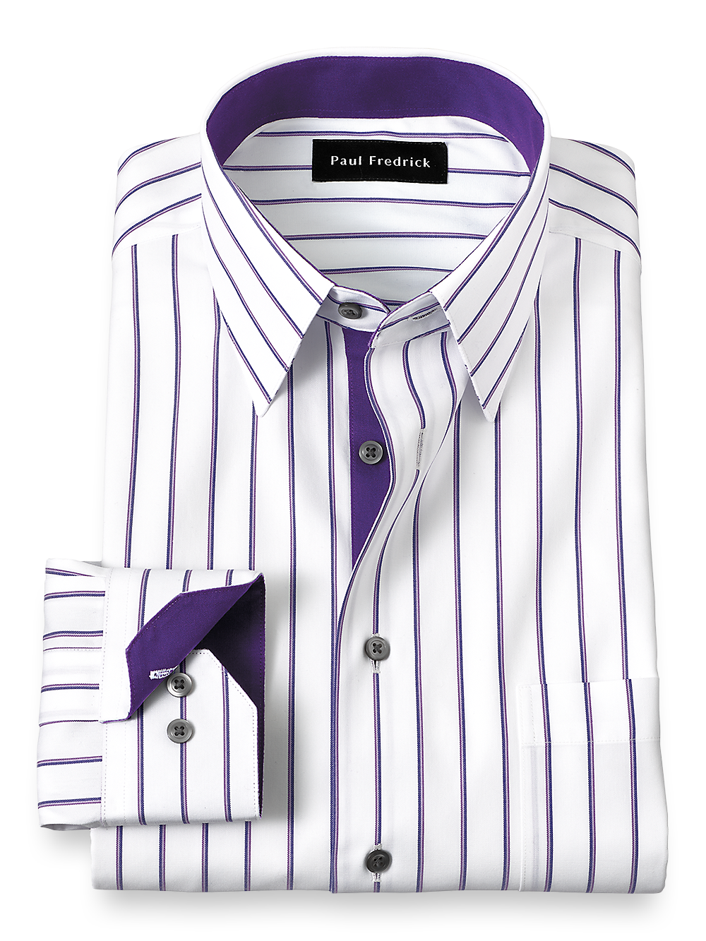 Product Image of Non-iron Cotton Stripe Dress Shirt With Contrast Trim-White/Purple