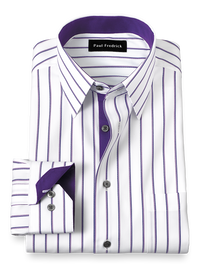 Non-Iron Cotton Stripe Dress Shirt With Contrast Trim - White/purple