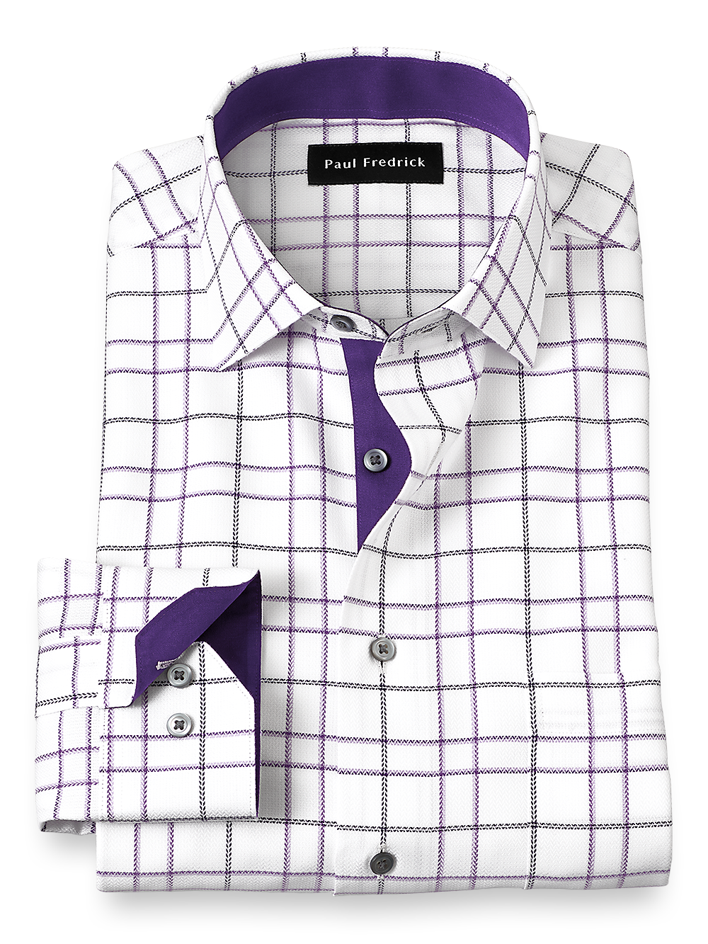 Product Image of Non-iron Cotton Windowpane Dress Shirt With Contrast Trim-White/Purple