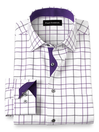 Non-Iron Cotton Windowpane Dress Shirt With Contrast Trim - White/purple