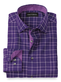 Non-Iron Cotton Windowpane Dress Shirt With Contrast Trim - Purple