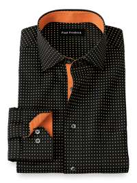 Non-Iron Cotton Dot Dress Shirt With Contrast Trim - Black/orange