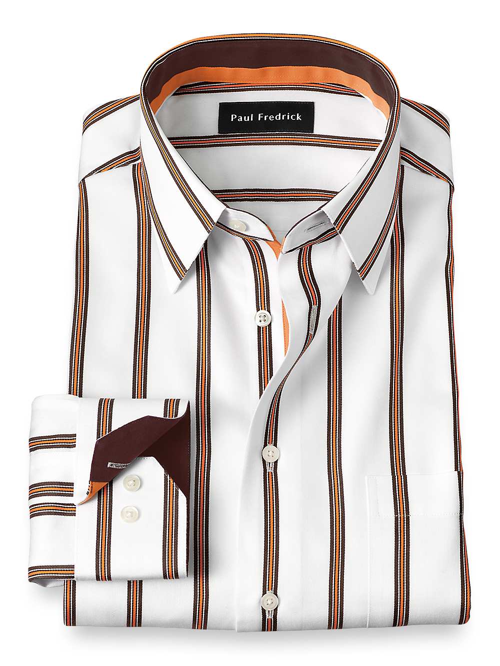 Product Image of Non-iron Cotton Stripe Dress Shirt With Contrast Trim-White/Orange