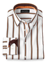 Non-Iron Cotton Stripe Dress Shirt With Contrast Trim - White/orange