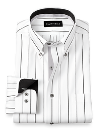 Non-Iron Cotton Stripe Dress Shirt With Contrast Trim - Black/grey