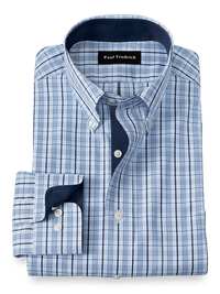 Non-Iron Cotton Glen Plaid Dress Shirt With Contrast Trim - Blue