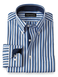 Non-Iron Cotton Stripe Dress Shirt With Contrast Trim - Blue