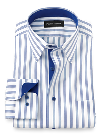 Non-Iron Cotton Stripe Dress Shirt With Contrast Trim - Light Blue