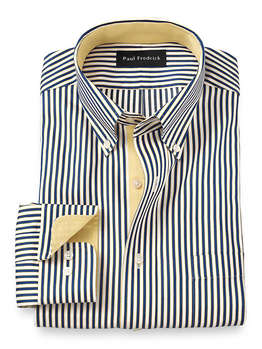 Product Image of Non-iron Cotton Stripe Dress Shirt With Contrast Trim-Cobalt/Yellow