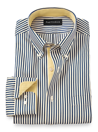 Non-Iron Cotton Stripe Dress Shirt With Contrast Trim - Cobalt/yellow