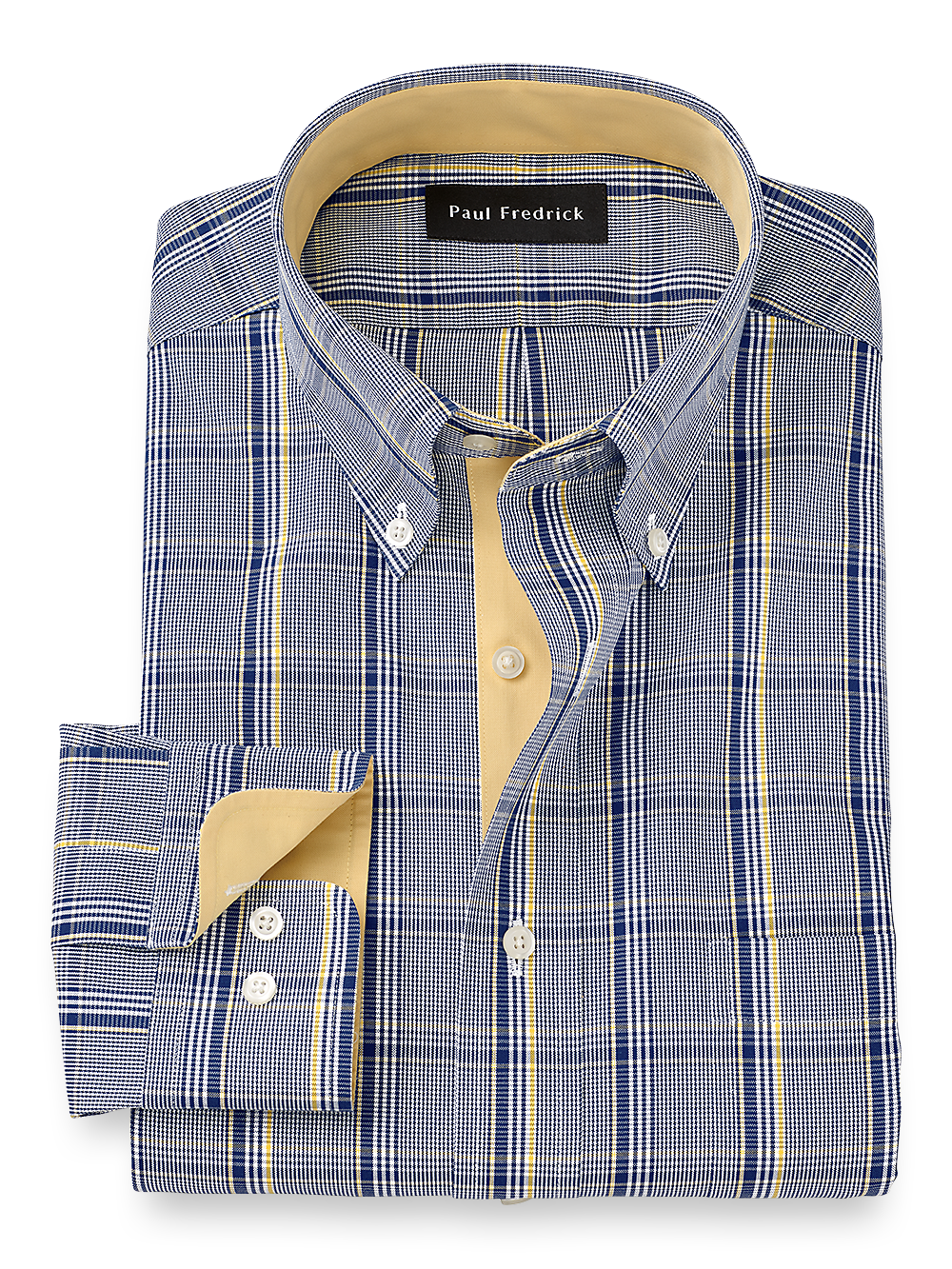 Product Image of Non-iron Cotton Plaid Dress Shirt With Contrast Trim-Cobalt/Yellow