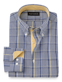 Non-Iron Cotton Plaid Dress Shirt With Contrast Trim - Cobalt/yellow