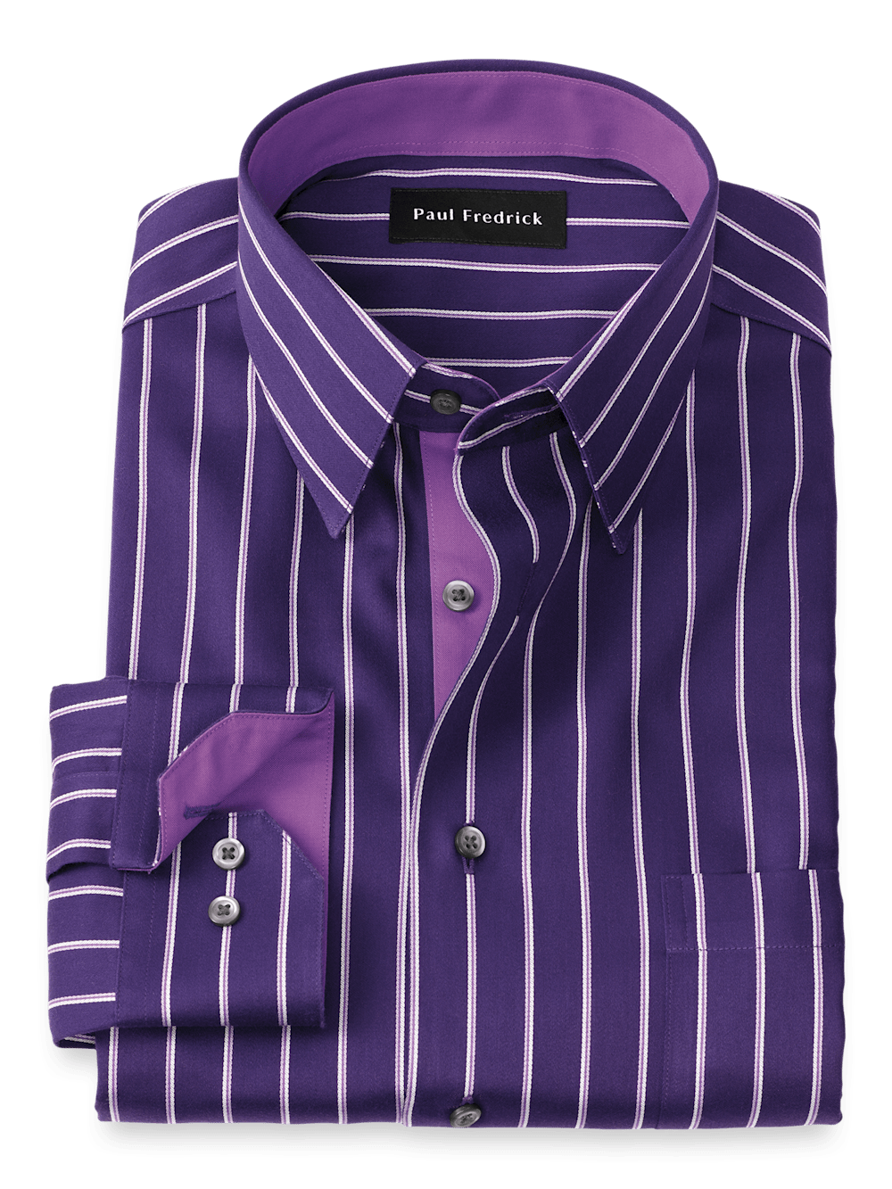 Product Image of Non-iron Cotton Stripe Dress Shirt With Contrast Trim-Purple