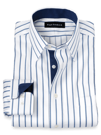 Non-Iron Cotton Stripe Dress Shirt With Contrast Trim - White/blue