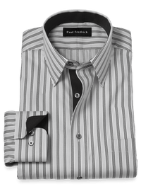 Non-Iron Cotton Stripe Dress Shirt With Contrast Trim - Grey