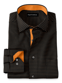 Non-Iron Cotton Dot Dress Shirt With Contrast Trim - Black/orange