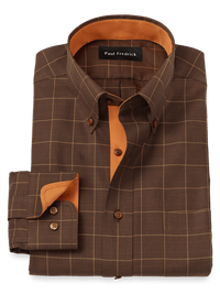 Non-Iron Cotton Windowpane Dress Shirt With Contrast Trim - Brown/orange