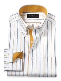 Non-Iron Cotton Stripe Dress Shirt With Contrast Trim - White/brown