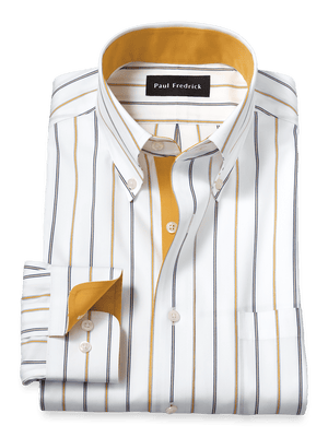 Non-Iron Cotton Stripe Dress Shirt With Contrast Trim - White/brown