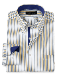 Non-Iron Cotton Stripe Dress Shirt With Contrast Trim - Blue/gold