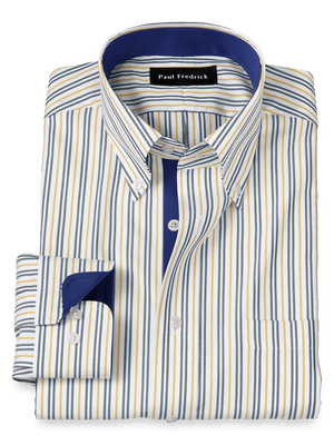 Non-Iron Cotton Stripe Dress Shirt With Contrast Trim - Blue/gold