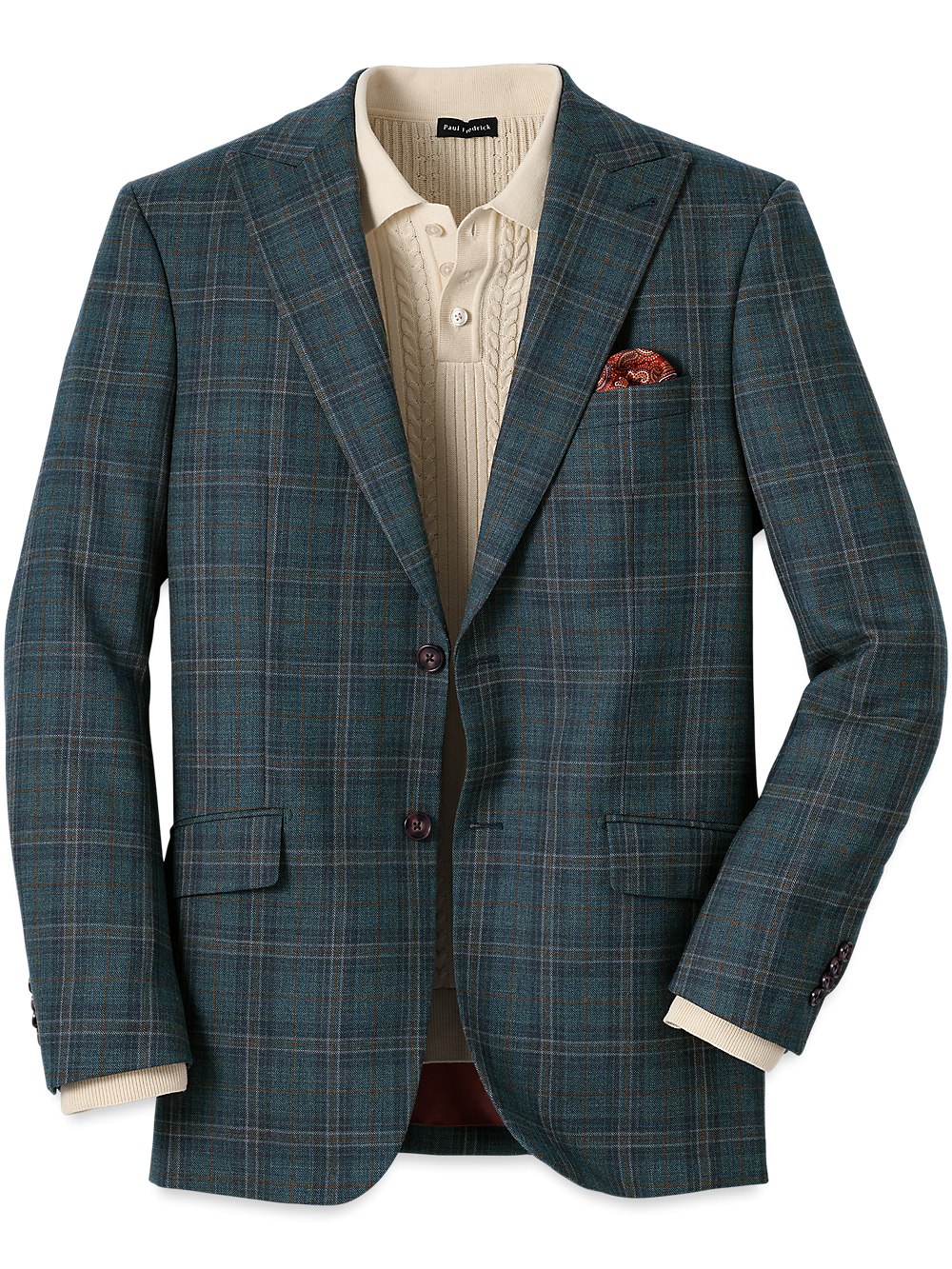 Product Image of Wool Plaid Single Breasted Peak Lapel Sport Coat-Teal