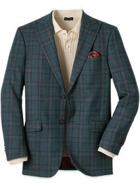 Wool Plaid Single Breasted Peak Lapel Sport Coat - Teal