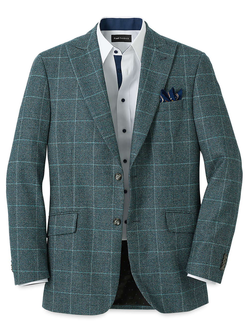 Product Image of Italian Wool Plaid Single Breasted Peak Lapel Sport Coat-Teal