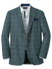 Italian Wool Plaid Single Breasted Peak Lapel Sport Coat - Teal