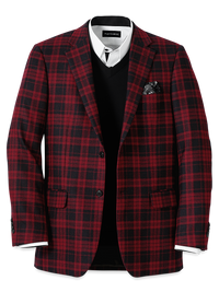 Wool Plaid Single Breasted Notch Lapel Sport Coat - Black/red