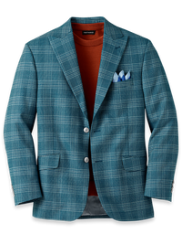 Italian Wool Blend Plaid Peak Lapel Sport Coat - Teal