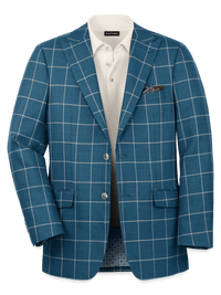 Wool Windowpane Single Breasted Peak Lapel Sport Coat - Teal